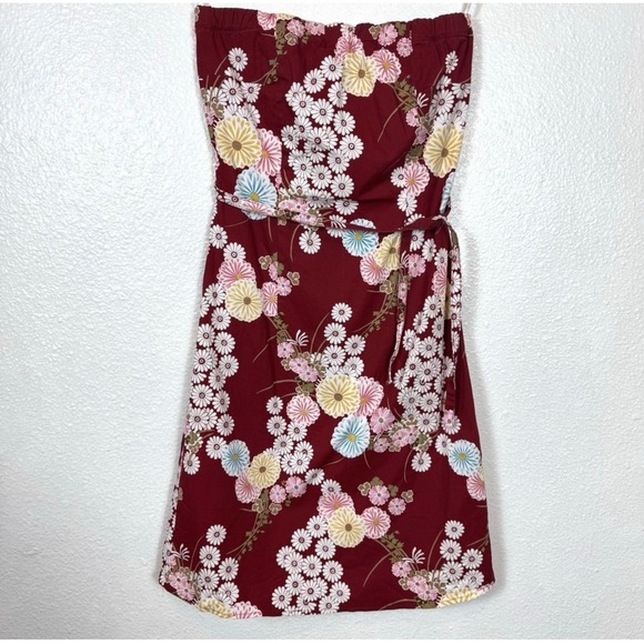 Y2K Forever 21 Strapless Dress Size Small Floral Red Sheath Asian Inspired Mini - Picture 1 of 10